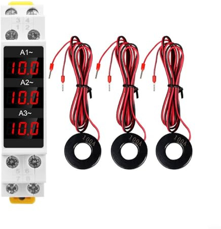 Mini amperometro digitale trifase su guida DIN con display a LED, rilevamento corrente 1-100A, intervallo di tensione AC80-500V 50/60Hz per monitoraggio elettrico industriale o commerciale
