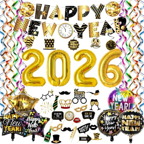 Silvester Deko 2026 Party Set, Bunt Silvesterdeko, Happy New Year Party Deko Silvester Umfasst Tischdeko Silvester, Luftballon, Luftschlangen Foto Requisiten Hänge Deko Silvester