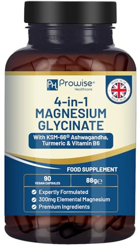 Glicinato di magnesio 4 in 1 con aggiunta di Ashwagandha KSM-66, curcuma e vitamina B6 | 90 capsule vegane | 4.001 mg per porzione | Capsula facile da deglutire | Senza OGM e glutine | Qualità premium