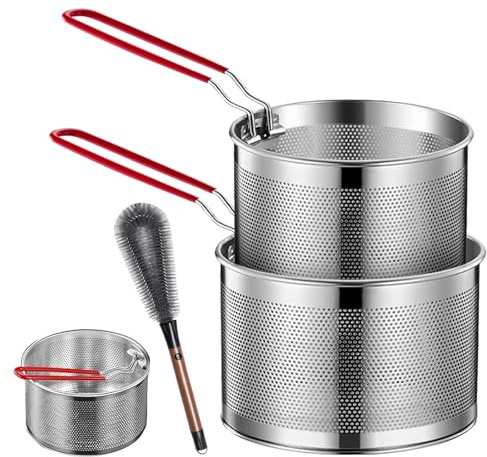 PEEXTBB Nudelsil sil, 2 stycken 16/18 cm nudelsil rostfritt stål med borste, metallrep med avtagbart handtag, djup frying basket, för tvätt, matlagning, fritering, droppning