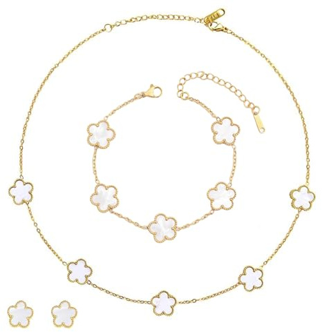 ZhouWei 4 Pièces Ensemble de Bijoux Trèfle à Quatre Feuilles, Réglable Bracelet Trèfle à Cinq Feuilles Bijoux Acier Inoxydable Femme Sets Plated Cinq Leaf Collier Boucles D'oreilles Bracelet (Blanc)