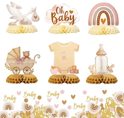 6 Stück Babyparty Deko Bienenwaben Mittelstück mit Baby Konfetti,Wabendekoration Tischdekoration für Babyshowerparty Babyparty,Babyshower Dekoration