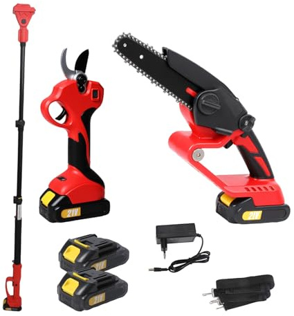 3 en 1 Perche Élagueuse Télescopique Électrique,Mini TronçOnneuse 6 Pouces Et SéCateur éLectrique Sans Fil,25MM Secateur Electrique avec 2 Batterie,Ensemble D'Outils De Jardinage (Rouge)