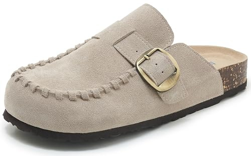 SMajong Zoccoli Uomo Sabot Donna Comode Pantofole in Pelle Ciabatte con Sottopiede in Sughero Scarpa con Fibbia Regolabile al Piede Beige 37 EU