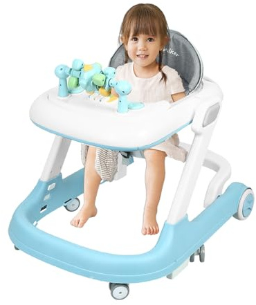 Gåstol, babywalker och gå-vagn, gåvagn baby, walker för barn, gånghjälpmedel, justerbar höjd, med musikfunktion (60 x 55 x 70 cm blå)