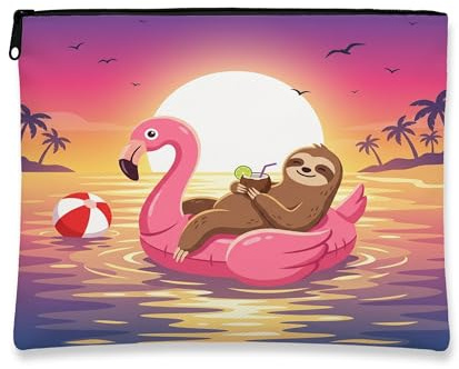Funny Sloth Makeup Bag, Flamingos Lifebuoys Sea Cosmetic Travel Pouch for Women, Gifts for Girls, Animal Portable Small Canvas Zipper Organizer 7x9 Inch