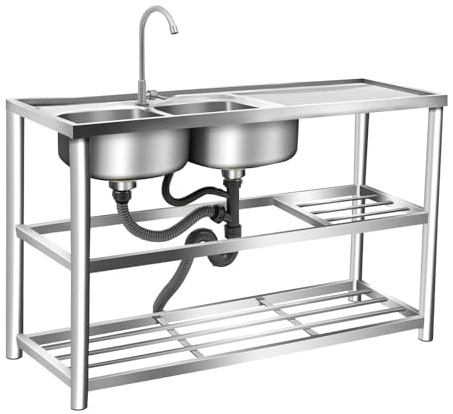 Utomhus handfat fristående rostfritt stål handfat 2 handfat med vattenkranar och andra tillbehör kommersiellt handfat kök för utomhus inomhus kök restaurang L 120 x B 45 x H 80 cm