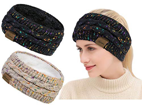 Winter Schleifen Stirnband Damen Gestrickt Warmes Stirnbänder Ohrenwärmer Kopfband Haarband Verdicken für Frauen Mädchen, Elastische Häkelarbeit Thermo Stirnband (Reines Schwarz, reines Grau)