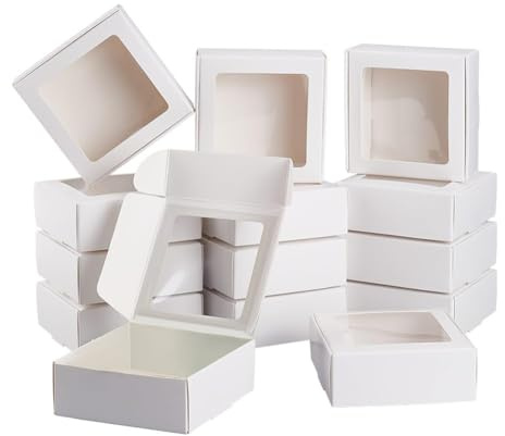 BENECREAT 20 paket 9,5 x 9,5 x 3,5 cm vita kraftpapperslådor med genomskinligt fönster presentförpackningslådor för bagerikakor bröllopstårta