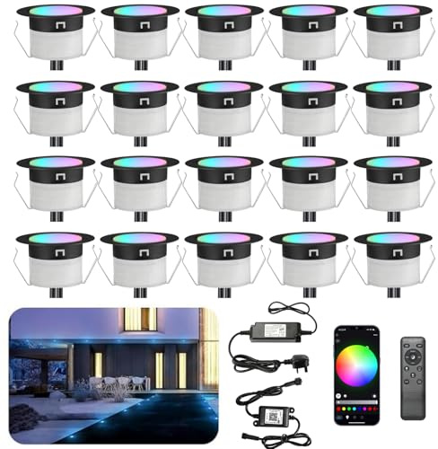 INDARUN RGBW WiFi Led Decking Lights Waterproof IP67 Ø31MM 12V - Led Plinth Light Kits for Terrace/Patio/Path/Wall/Garden/Decoration, 20 Packs