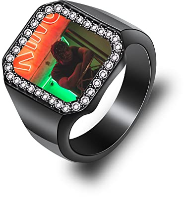 MeMeDIY Herren Siegelring Edelstahl, Personalisierter Foto Initiale, Punk Biker Ringe in Schwarz Ton, Hip-Hop Schmuck mit Zirkonia, Männer Geschenke zum Geburtstag Valentinstag (Farbfoto, Größe 62)