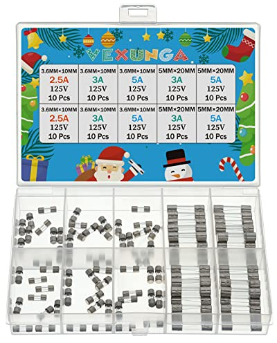 VEXUNGA 5 Values 100 Pcs 125V Christmas Light Fuses Kit 5x20MM 3A 5A 125 Volt Max Fuse and 3.6X10MM ts-66 2.5 3 5 Amp 125V Mini Glass Fuses Replacement for Outdoor C9 String Xmas Lights Fan