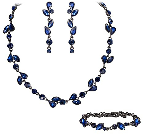 EVER FAITH Set di Gioielli in Cristalli per la Sposa, splendido di Orecchini da Donna Zaffiro Blu Nero-Fondo con Strass Foglia Collana Dangle