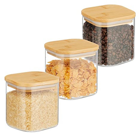 Relaxdays Lot de 3 bocaux en Verre, Couvercle en Bambou, carré, Conservation, 600 ML, hermétique, Transparent/Naturel