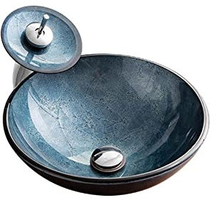 Encimera del baño Lavabo Lavabo Recipiente de vidrio Lavabo Cuenco Baño Encimera Lavabo Guardarropa Lavabo Grifo con cascada-Round_with Faucet