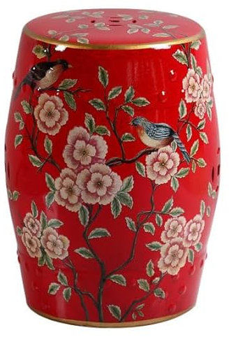Fine Asianliving Keramik Hocker Rot Blumen Handgefertigt - Aria D30xH45cm China Keramik Gartenhocker Porzellan Glasierte Keramik Stool Chinesische Hocker Drum Garden Stool