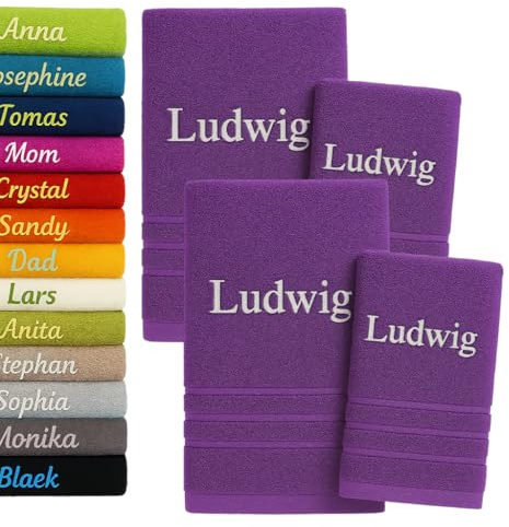 4er Pack Personalisiertes Handtuch und Badetuch mit Namen, Schön gestickter Name Handbadetuch 100 % Baumwollhandtuch 2x (50 x 100 cm) + 2x (140 x 70 cm) Personalized Custom Towel with Name (Lila)