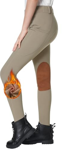 beroy Kids Fleece Lined Horse Equestrian Riding Pants Breeches Winter Girls Boys Knee Patch Riding Horseback Pant with Pockets Khaki XXL