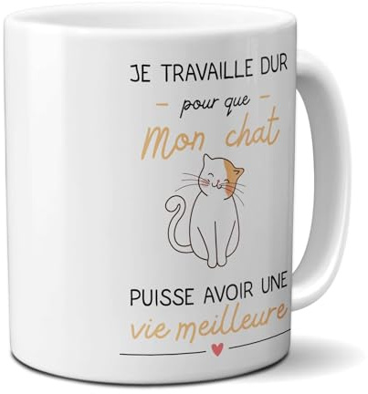 Mug Je travaille pour mon Chat - Cadeau Anniversaire ou Noël pour Fan de Chats - Imprimé en France