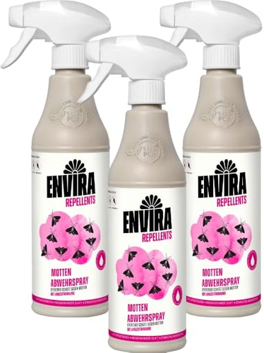 Envira Mottenspray 3 x 500 ml - wirksam gegen Lebensmittel- & Kleidermotten | Anti Motten Spray für Kleiderschrank, Küche und Wohnung - Mottenschutz, dezenter Zitrusduft, geruchsarm