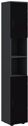 kleankin Colonna Bagno in Truciolato con 2 Ripiani Aperti e 2 Armadietti a 2 Livelli Regolabili, 30x30x183 cm, Nero e Grigio Scuro
