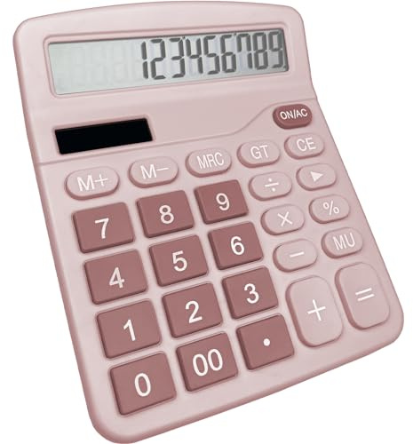 Newaner Calculatrice Solaire de Bureau - Grand Écran LCD 12 Chiffres, Mini Calculette Fonction Standard pour Maison et École, Grands Boutons, Rose