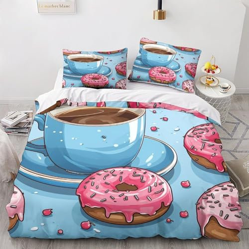 Copripiumino Matrimoniale 260x240 Ciambella, Set di Biancheria da Letto Caffè in Morbida Microfibra Stampata in 3D con Cerniera Copripiumone con 2 Federe 569-H