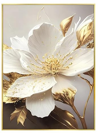 GIBOH Poster und Drucke, modisches Blattgold, weiße blühende Blumen, Moderne Wandkunst, luxuriöse Leinwandmalerei, ästhetische Bilder für Heimdekoration, 50 x 70 cm x 1, ohne Rahmen
