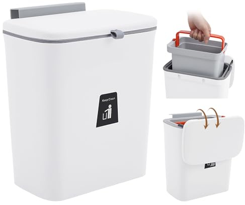 Warmiehomy 9L Wall Mounted Kitchen Cupboard Bin with Lid | Removable Inner Bucket, Hanging Waste Rubbish Bins with Hidden Scraper, Sliding Cover for Cupboard, Bathroom, White