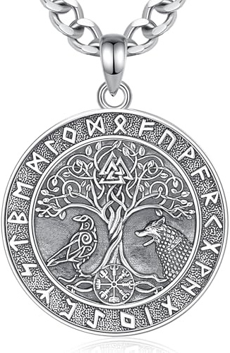 INFUSEU Collar Árbol De La Vida Vikingo, Plata 925 Runas Vikingas Amuleto Nórdico Protección Berserker Odin Bizantino Yggdrasil Lobo Colgante Gótico Regalos para Hombres Mujeres