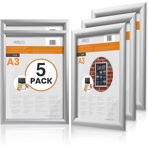 Deflecto Pk 5 x A3 Snap Frame Silver - Aluminium Clip Frames - Wall Mount Picture Frames - Posters Display Holder - Front Opening Picture Frame Clips