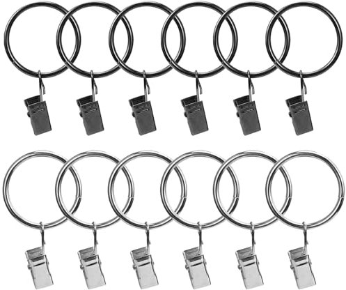 Acooruiteng Gardinenringe mit Clips Metall Vorhangringe mit Clips Curtain Rings with Clips 32mm Innendurchmesser Vorhang Clips Gardinen Ringe für Tür Fenster Duschvorhang Schwarz Silber 12 Stück