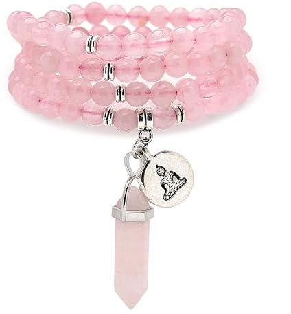 Braccialetto di perle Mala naturali 108, collana di consapevolezza con ciondolo Yoga Buddha Zen e ciondolo prisma esagonale in quarzo Reiki (Quarzo rosa (Rose Quartz))