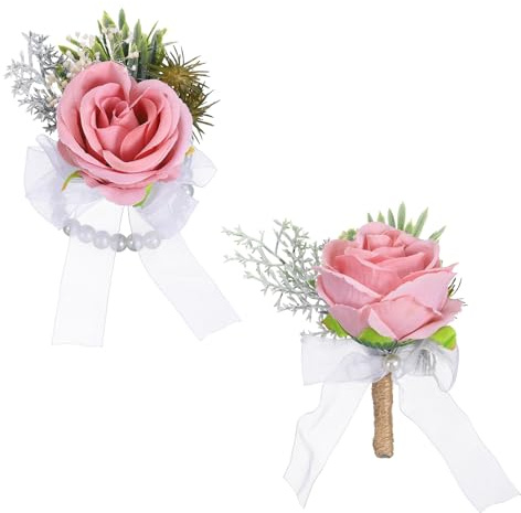sourcing map Ansteckblume für Handgelenk und Knopflochblumen, handgefertigt, für Braut, Bräutigam, Hochzeitstag, Soja-Rosa