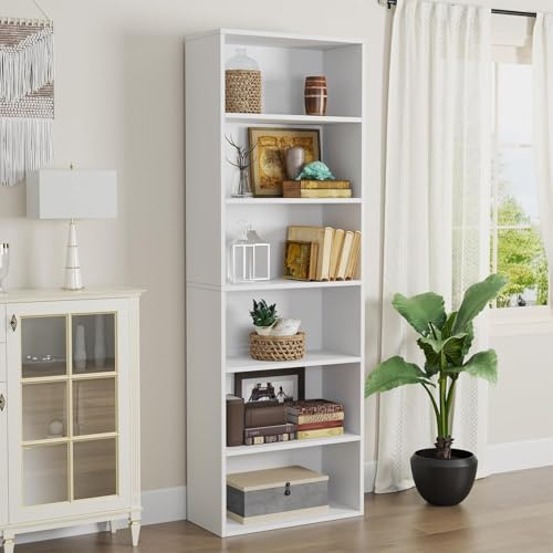 oneinmil Libreria Alta 6 Ripiani, Scaffale PortaLibri con Anta Aperta, Design Moderno per Soggiorno, Studio, Ufficio, Camera da Letto, 55.5 x 23.5 x 181 cm, Bianco