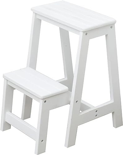 Wooden stool Wood Small Foot Stool 2 Steps Ladders Chair,Folding Step Stool Multifunction Stairs Chair Home Library Climb Ladder Kitchen Step,White