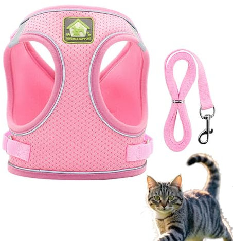 Katzengeschirr und Leine, verstellbar, reflektierend, gestreift, mit Leine, Katzenhalsband, ausbruchsicher, weiches Netzgewebe, Geschirr und Leine für kleine und mittelgroße Katzen