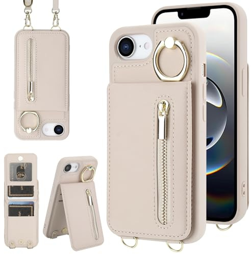 Jcxtrombulous Crossbody Wallet Case for iPhone 16E with Lanyard Strap Card Slot Holder [RFID Blocking] 360° Kickstand,Magnetic Flip Folio Zipper Purse Case, PU Leather Cover Handbag,Beige