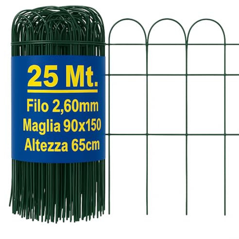 Rete Ornamentale Verde Altezza 65cm, Rotolo da 25mt. Decorativa per Giardino, Aiuole, Orto, Piccoli Animali. Recinzione Metallica Zincata e Plastificata con filo intecciato.