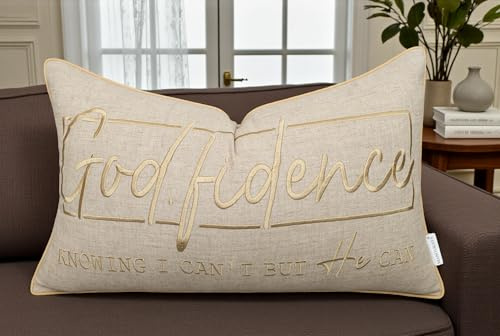 MANOJAVAYA Godfidence Embroidered Pillow Cover - 12x20 Inch Tan Cotton - Christian Lumbar Cushion Cover - Bible Verse Home Décor - Sofa, Couch, Bed Accent - Inspirational Faith Gift
