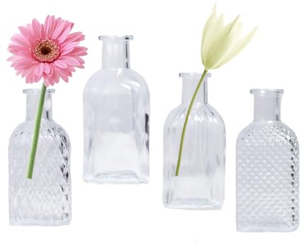 EylKoi Small Glass Clear Square Vase Set of 4 Bud Vases in Bulk Different Embossed Shape Vintage Mini Tiny Flower Vases Modern Cute for Home Table Wedding Decor Centerpieces Party Dining Room