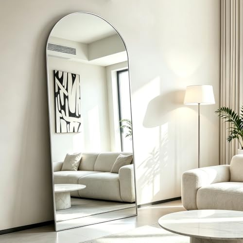 CASSILANDO Bogen-Ganzkörperspiegel, 165x60cm Bodenspiegel, Bodenspiegel Freistehender Ganzkörperspiegel mit Ständer für Schlafzimmer, Hängender montierter Spiegel für Wohnzimmer Garderobe, Silber