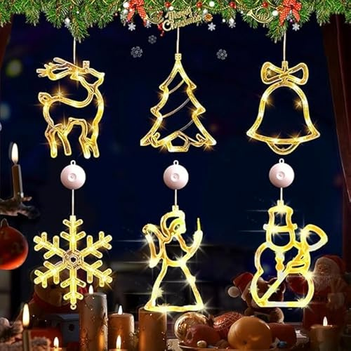 HEYIDAMAI LED Saugnapf Weihnachten Lichter, 6 Stück LED Fensterlicht Saugnapf, Weihnachtsbeleuchtung Hängend Fensterlicht, Vorhang Licht Batteriebetrieben für Fensterdeko.