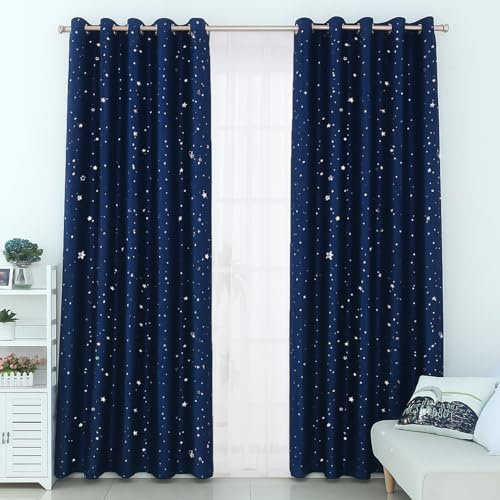 Freyamy Kinderzimmer Vorhang 2x100x130cm(HxB) Stern,Dunkelblau Modern Kinder Sterne Blickdichte Gardinen Jungen Mädchen Kinder für Wohnzimmer Vorhang Mit Ösen