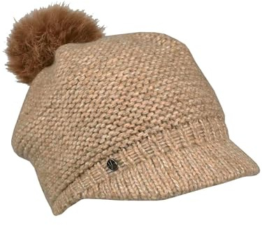 LOEVENICH Gestrickte Ballonmütze | Mit Kunstfellbommel | OneSize | Warme Wintermütze für Damen Toffee