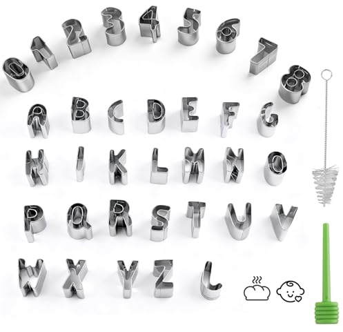 35 Stück Buchstaben Ausstecher Edelstahl Alphabet und Zahlen Ausstechformen für Kekse Fondant, mit Reinigungsbürste und Entformungsstab