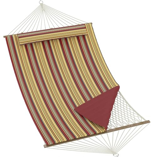 Acekool Doppelhängematte mit integriertem gepolstertem Kissen, 350 cm, gesteppte Hängematte aus Polyester, Stangen aus Holz, Gartenhängematte ohne Gestell für 2 Personen, ideal für Entspannung im