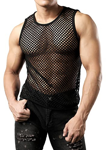 JOGAL Men's Mesh Fishnet Fitted Sleeveless Muscle Top Large WG01 Black