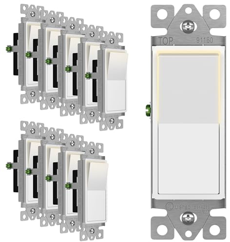 ENERLITES Illuminated Decorator Paddle Light Switch, Single Pole, Push-in and Side Wiring, Copper Wire Only, Grounding Screw, Residential Grade, 15A 120-277V, UL-Listed, 91160-W-10PCS, White 10 Pack