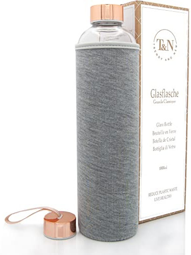 T&N Bottiglia di vetro 1 litro/750 ml/500 ml – Borraccia in vetro 1 l con custodia in neoprene – Bottiglia d'acqua a prova di perdite – Bottiglia in vetro borosilicato più spesso adatto per anidride